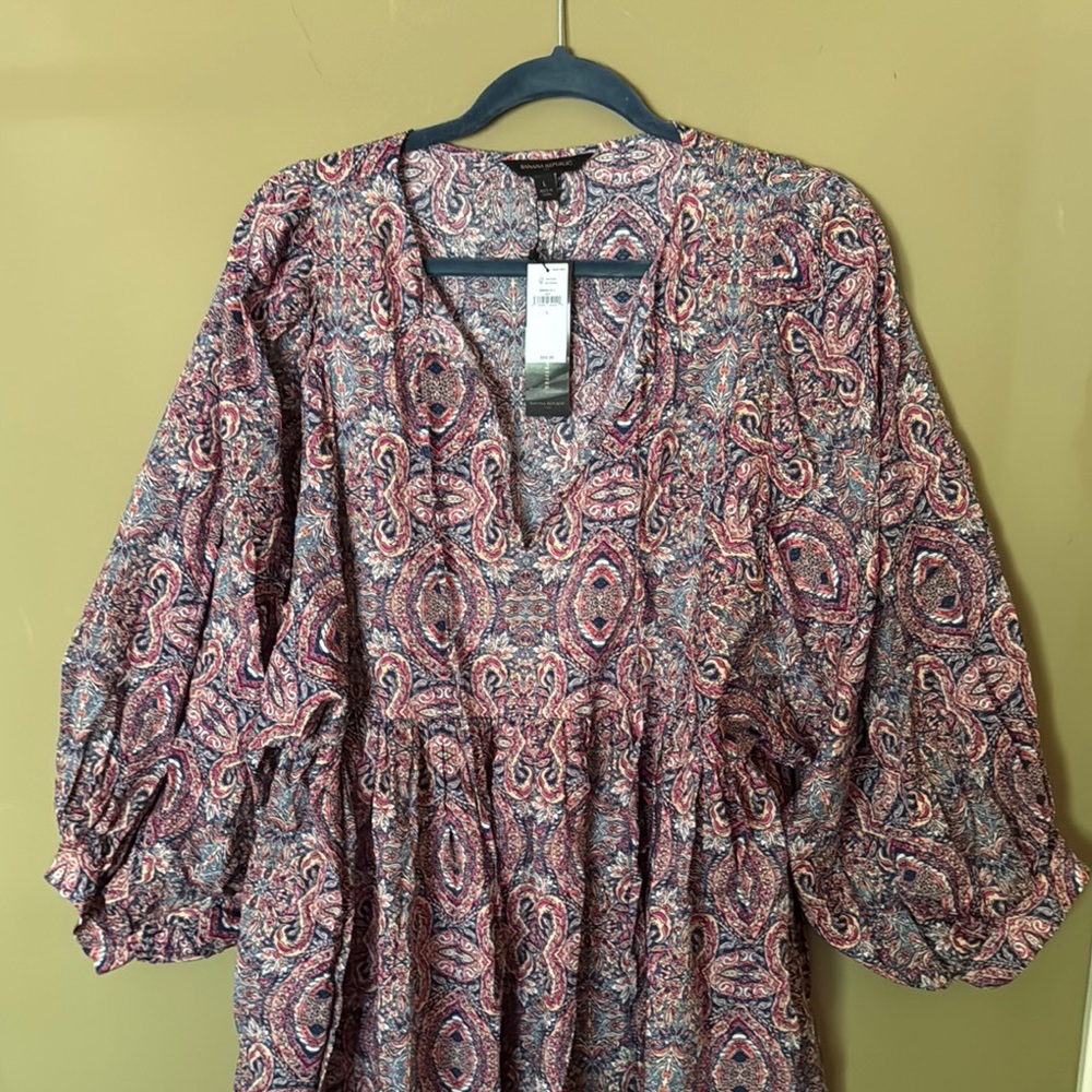 Banana Republic Pink and Blue V-neck Sundress with 3/4 Bishop Sleeves